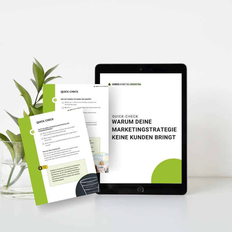 Quick-Check: Mach diesen 5-Minuten-Test und finde heraus, welche Lücken in deiner Marketingstrategie möglicherweise verhindern, dass du konstant neue Kunden gewinnst. Quick-Check: Mach diesen 5-Minuten-Test und finde heraus, welche Lücken in deiner Marketingstrategie möglicherweise verhindern, dass du konstant neue Kunden gewinnst.