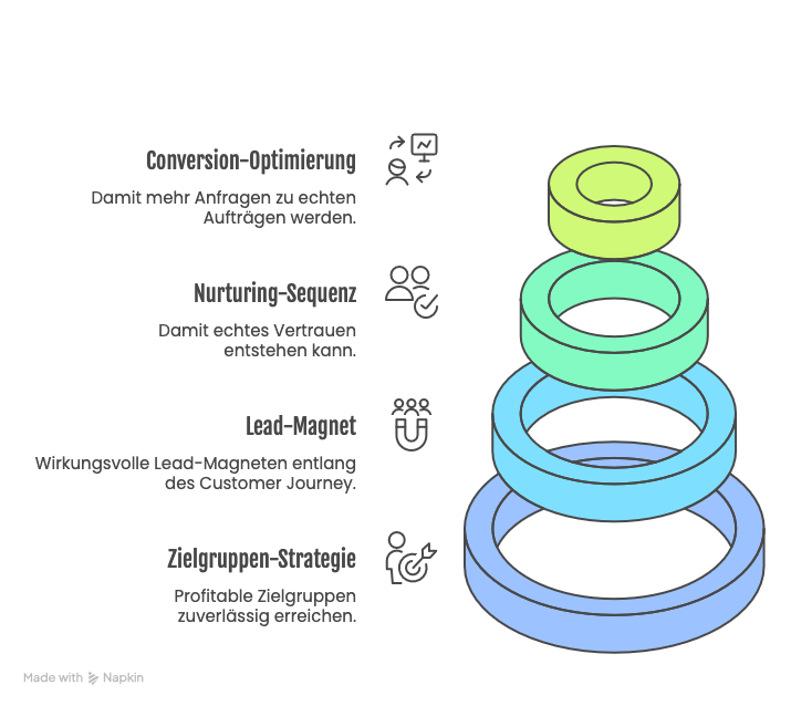 Grafik, die zeigt, wie wir in vier fokussierten Workshops deinen kompletten Marketing-Funnel entwickeln Grafik, die zeigt, wie wir in vier fokussierten Workshops deinen kompletten Marketing-Funnel entwickeln