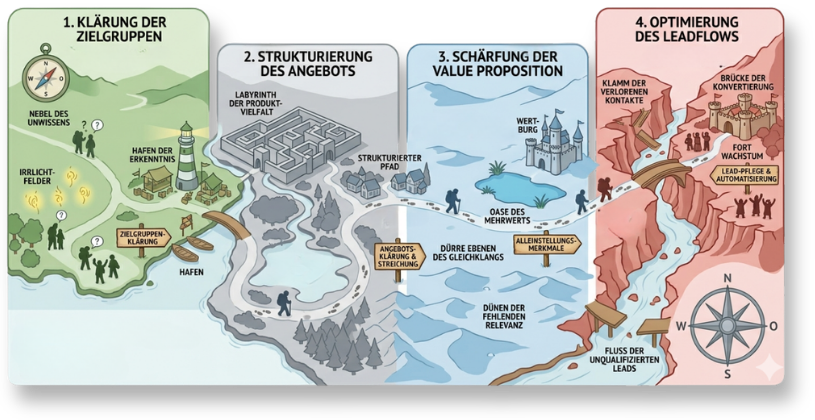 Landkarte: Zielgruppe, Angebot, Nutzenversprechen oder Leadflow? In fünf Fbenen arbeiten wir uns systematisch durch euer Geschäftsmodell.