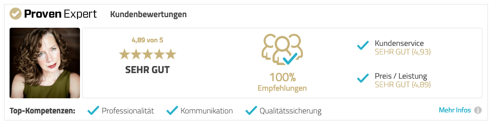 Maike Sanders ProvenExpert Bewertung ist "sehr gut"