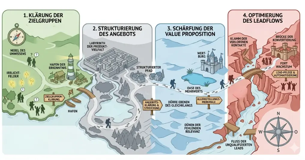 Grafik (KI-generiert) die zeigt, wie Sander Marketing-Consulting Wachstumsbremsen erkennt und gezielt löst