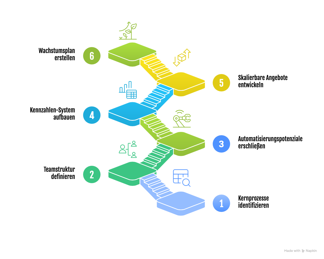 Grafik, die die 6 Workshops der Systemisierungphase vom Growth-Bundle abbildet Grafik, die die 6 Workshops der Systemisierungphase vom Growth-Bundle abbildet
